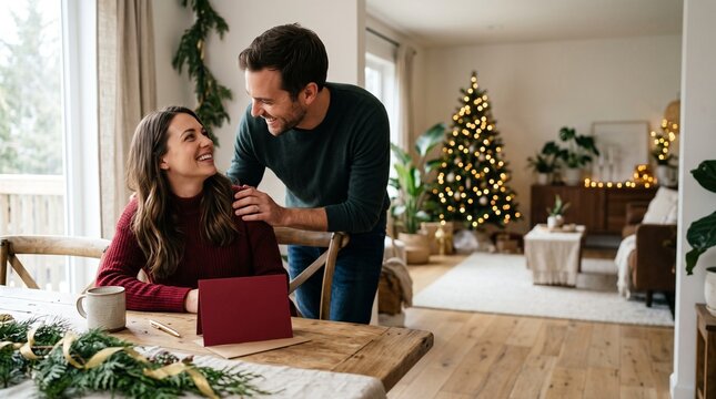 Couple Sharing A Happy Moment Near A Decorated Christmas Tree In A Cozy Living Room