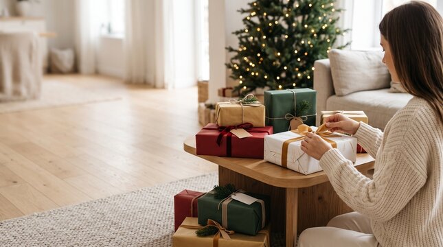Woman tying a ribbon on a Christmas gift box next to a decorated tree and presents