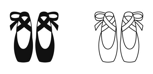 Ballet Slippers Vector Illustration with Minimalist Black Silhouette and Outline Designs, Representing Ballet Dancing, Dance Classes, Elegance, and Artistic Expression. © RIFAT