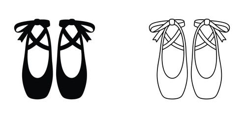Ballet Slippers Icon Design Featuring Solid Black and Outline Styles, Symbolizing Classical Dance, Ballet Training, Graceful Movement, and Performing Arts. © RIFAT