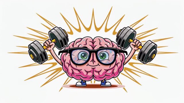 Cartoon Brain Lifting Dumbbells for Mental Fitness Training with Dynamic Yellow Burst Background