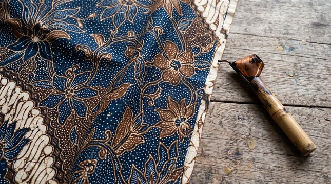 Handmade batik cloth with indigo wax-resist motifs