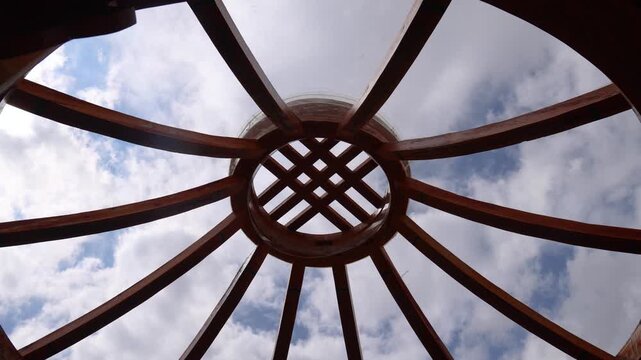 Looking Up at Toono Roof Opening Inside Mongolian Yurt with Blue Sky