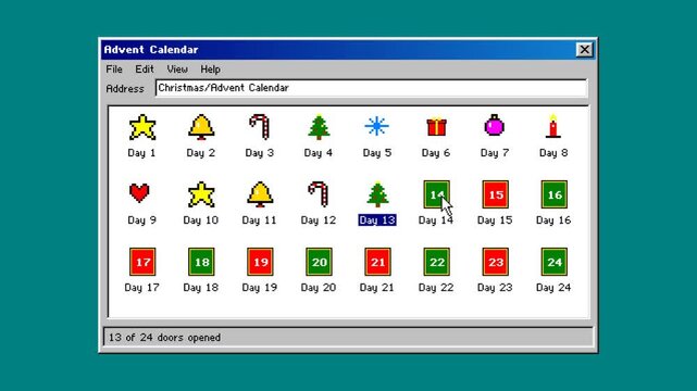 Retro computer advent calendar folder window opening 24 doors one by one with pixel Christmas icons and Merry Christmas message