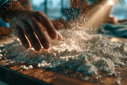 Artisan baker preparing dough on a wooden board at a bakery with culinary arts