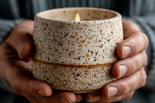 Two hands cupping a rustic speckled stoneware candle with a small burning flame