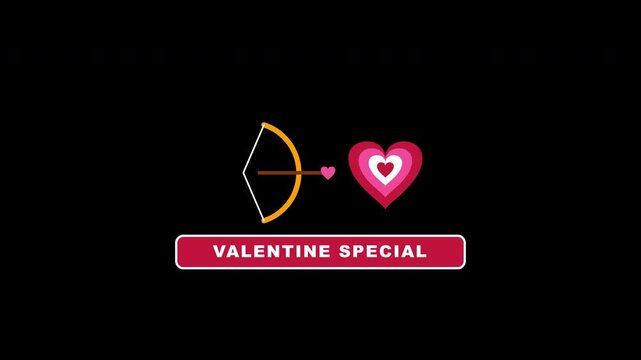 A flat graphic animation a golden cupid bow aiming at a rhythmic, pulsing heart-shaped target, accompanied by a Valentine Special banner