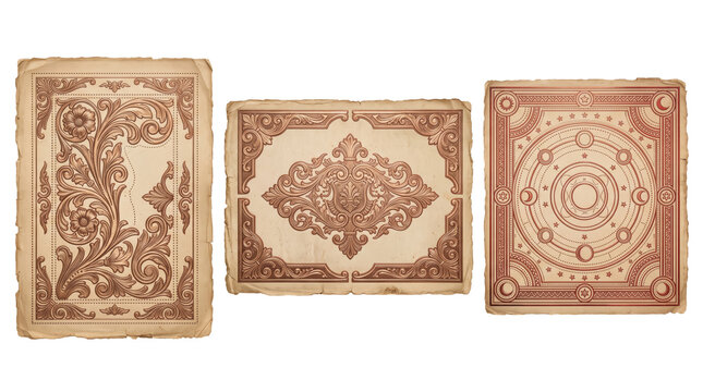 Three vintage-style paper sheets with ornate brown ink featuring floral scrolls, symmetrical damask patterns, and celestial circles