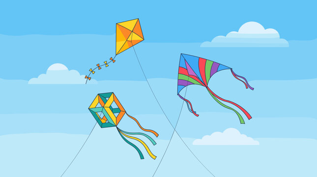 A vibrant vector illustration featuring three distinct styles of kites flying against a bright blue sky. The scene includes a classic yellow diamond kite with a bow tail, a multicolored delta kite wit