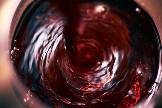Red liquid swirling in a round glass seen from a top view with wine