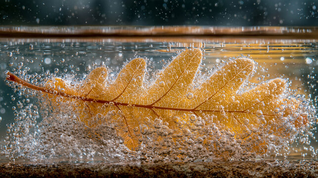 Single golden oak leaf encased within thick block of transparent ice with autumn