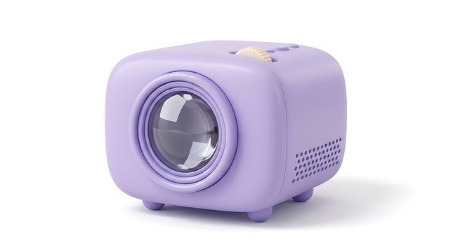 A small, purple, cube-shaped projector with a large lens on the front and small feet on the bottom.