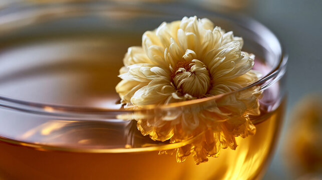 Fragrant chrysanthemum herbal tea in a clear glass cup with flower hot drink