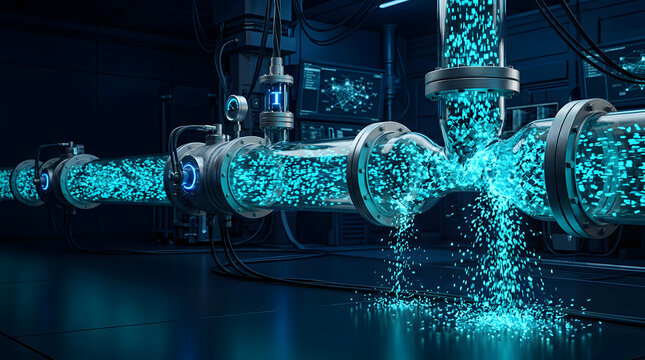 Glowing streams of digital data converge into a narrow network passage, illustrating bandwidth congestion, slow data transmission, network bottlenecks, and information traffic in modern communication	