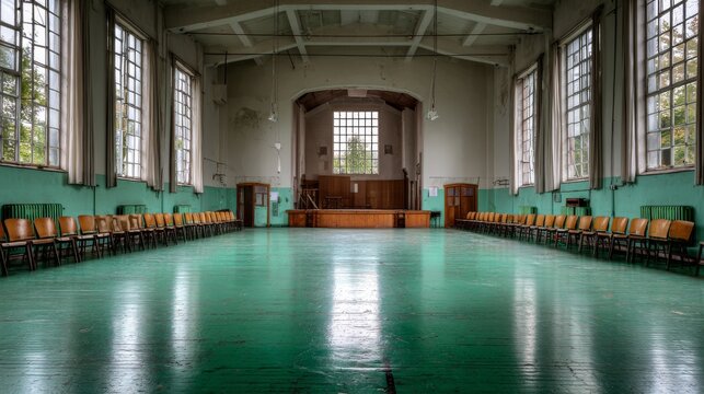 Empty auditorium in an old school building with green flooring, spacious indoor assembly hall, vintage educational architecture, traditional classroom facility, school event venue, student gathering s
