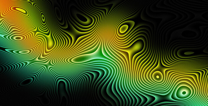 Psychedelic liquid wave pattern with neon green and yellow topographical lines on black background, abstract trippy moir&eacute; effect texture featuring vibrant fluid curves and organic flow shapes.