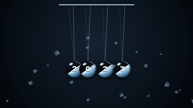 Modern Newton's cradle animation depicting the energetic transition from year 2026 to 2027.
