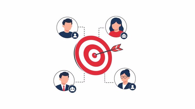 2D vector animation of a red target connected to four people icons, representing audience targeting, customer segmentation, and marketing strategy. Alpha channel, transparent background.