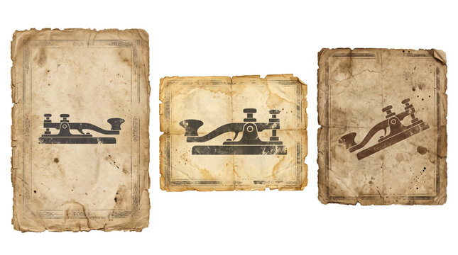 Three vintage paper sheets featuring dark silhouettes of telegraph keys, isolated on a white background, with stained, aged textures