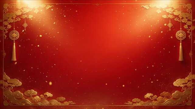 Chinese New Year red gold background with ornate cloud border, glowing lantern ornament, festive sparkle, glittering particles and elegant cultural celebration design with copy space