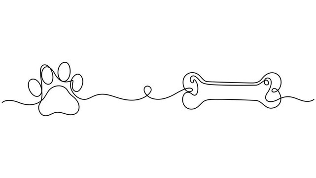 Video. Drawing of a dog's paw and bone with a continuous line. Paw print with bone with one editable line, Animated self drawing of continuous line draw of dog or cat paw print with a bone. Concept 