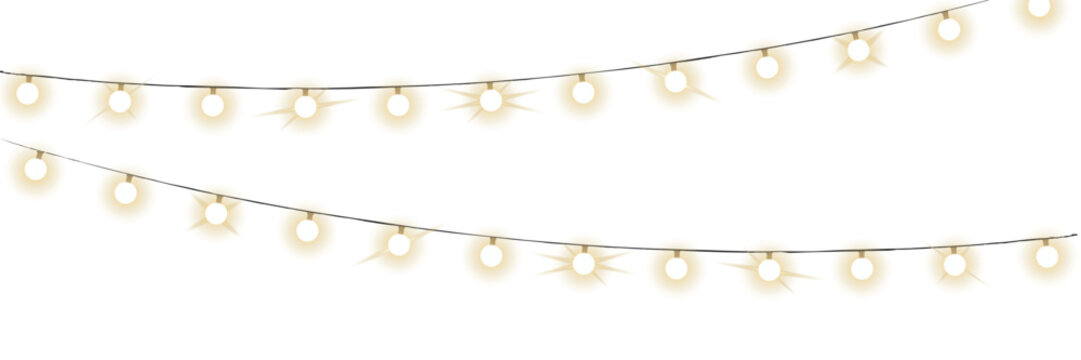 Two horizontal strings of glowing yellow light bulbs for festive decoration on a white background