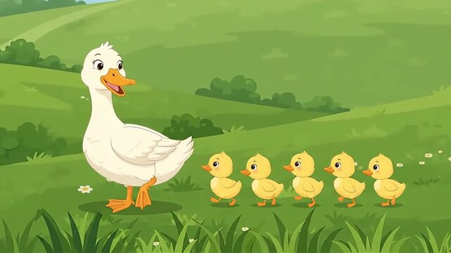 Cute cartoon mother duck walking in a green field leading her adorable line of five little yellow ducklings in a charming vector illustration