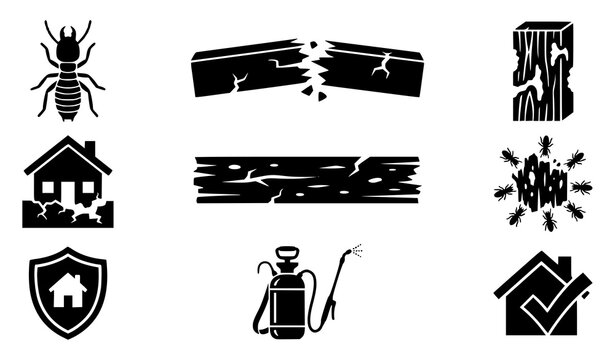 Bold Black Termite Damage Silhouette Icons Featuring Infested Timber Broken Wood Pest Control and Residential Protection