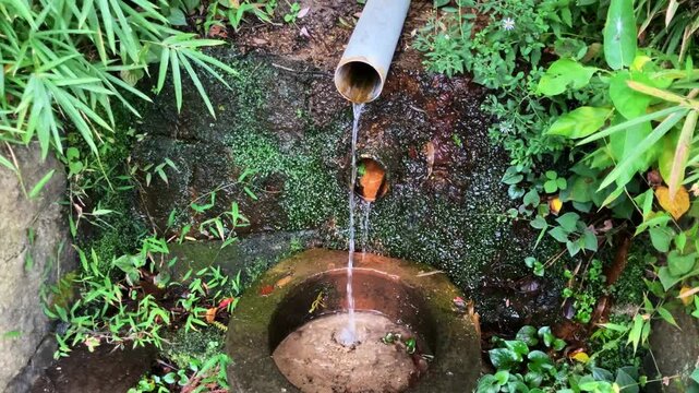 笹の茂みで塩ビ管から石の鉢へ細く落ちる湧き水