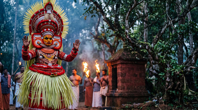 Theyyam performer with palm leaf costume and red headdress at Kerala shrine with torch bearers at dusk