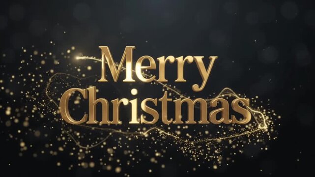 Golden Merry Christmas text with glittering particles and bokeh effects, festive greeting for the holiday season