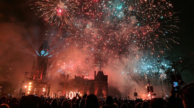 Spectacular fireworks display over historic architecture during a night celebration with a large crowd watching