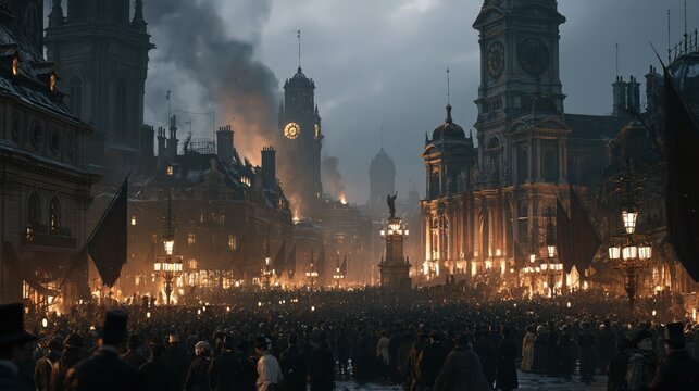 Crowd gathered in a historic city during a dramatic evening with buildings ablaze and dramatic lighting