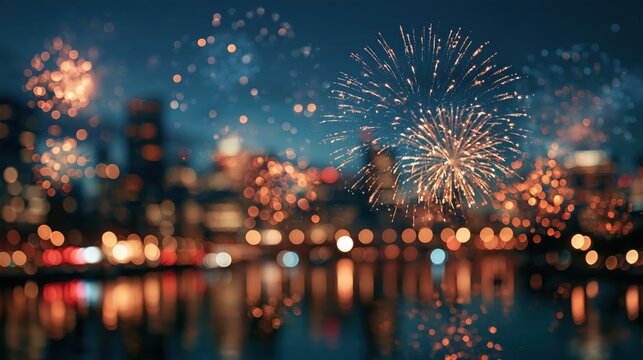 Colorful fireworks exploding over a blurred city skyline at night with water reflections