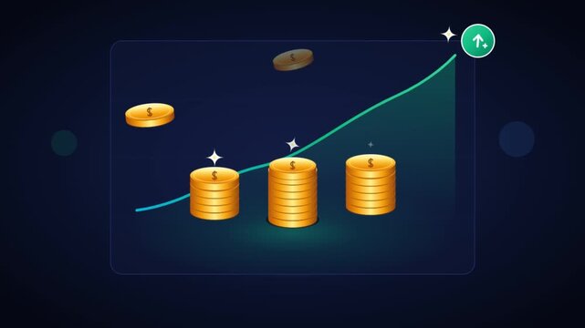 Golden coins stacking up with rising chart growth animation