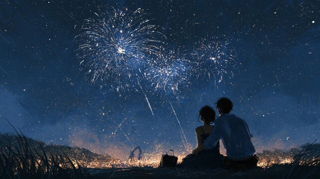 Couple watching fireworks display in night sky with starry background and warm ground lights