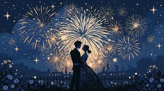 Couple embracing under a vibrant firework display during a festive night celebration with starry sky
