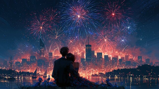 Couple watches vibrant fireworks display over cityscape at night with water reflection