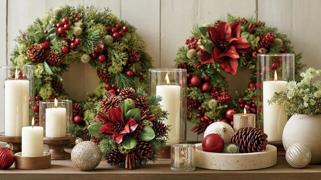 Christmas wreaths and candles arranged with pinecones and berries during warm festive lighting