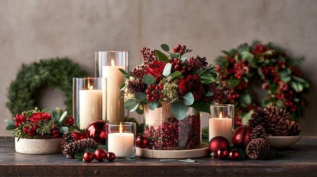 Warm Christmas candles with festive floral arrangements and evergreen wreaths in soft light
