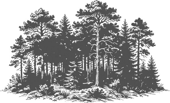 Dense coniferous forest illustration showcasing various pine and spruce trees in a woodland scene