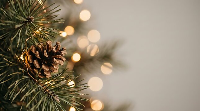 Pinecone rests on a lush green pine tree branch illuminated by warm golden bokeh lights in the background.
