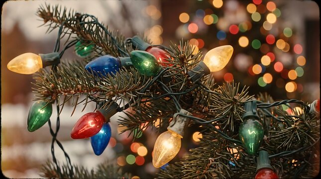 Christmas tree lights glow brightly on evergreen pine branches against a soft colorful bokeh background.