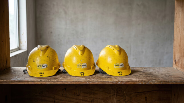 Yellow helmet on wooden shelf at building site suggests labor shortage with protective equipment resting against unfinished wall