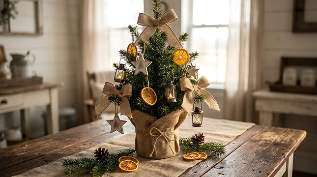 Miniature Christmas tree wrapped in burlap stands on a rustic wooden table decorated with dried orange slices and wooden stars.