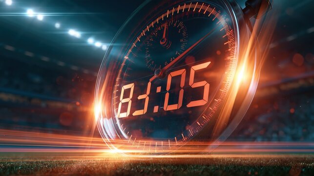 Digital stopwatch counting down during intense stadium competition with dramatic lighting and motion blur