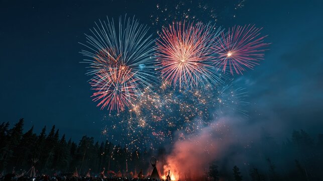 Colorful fireworks exploding against a dark night sky above a forest clearing with people celebrating