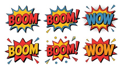 Colorful comic book explosion bursts with boom and pow sound effect words © My