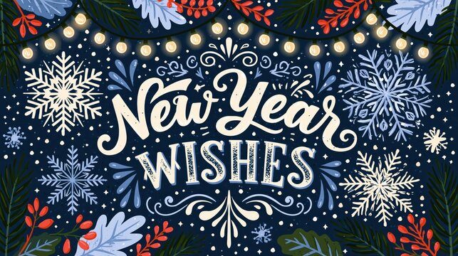 New Year Wishes calligraphy with snowflakes and festive lights on a dark background