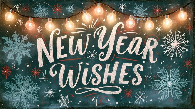 New Year Wishes handwritten lettering with festive string lights and snowflakes on a chalkboard background